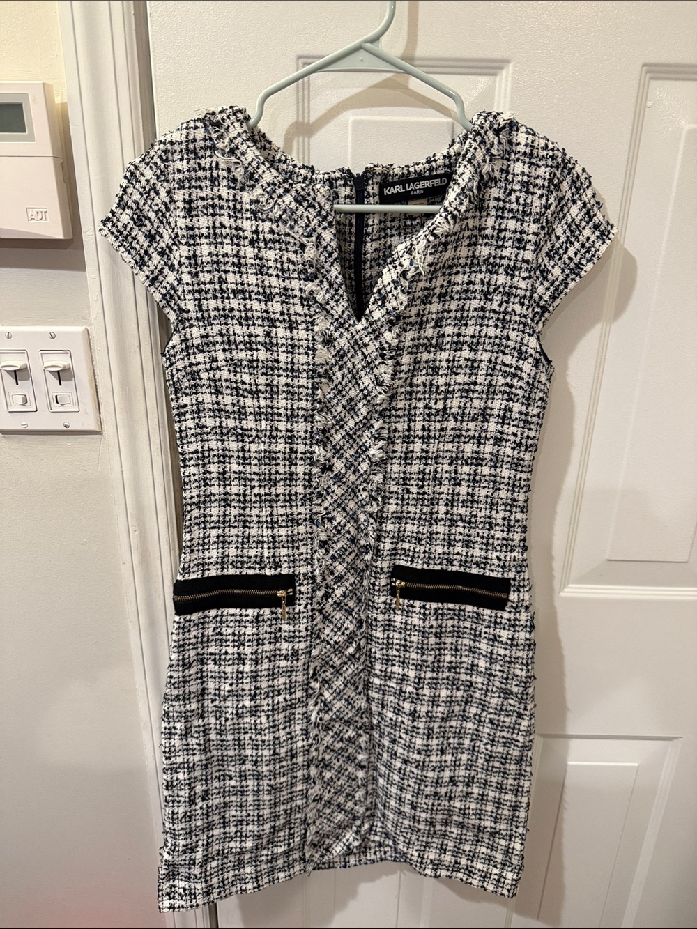 Karl Lagerfeld Black & White Tweed Sheath Dress with Zip Pockets